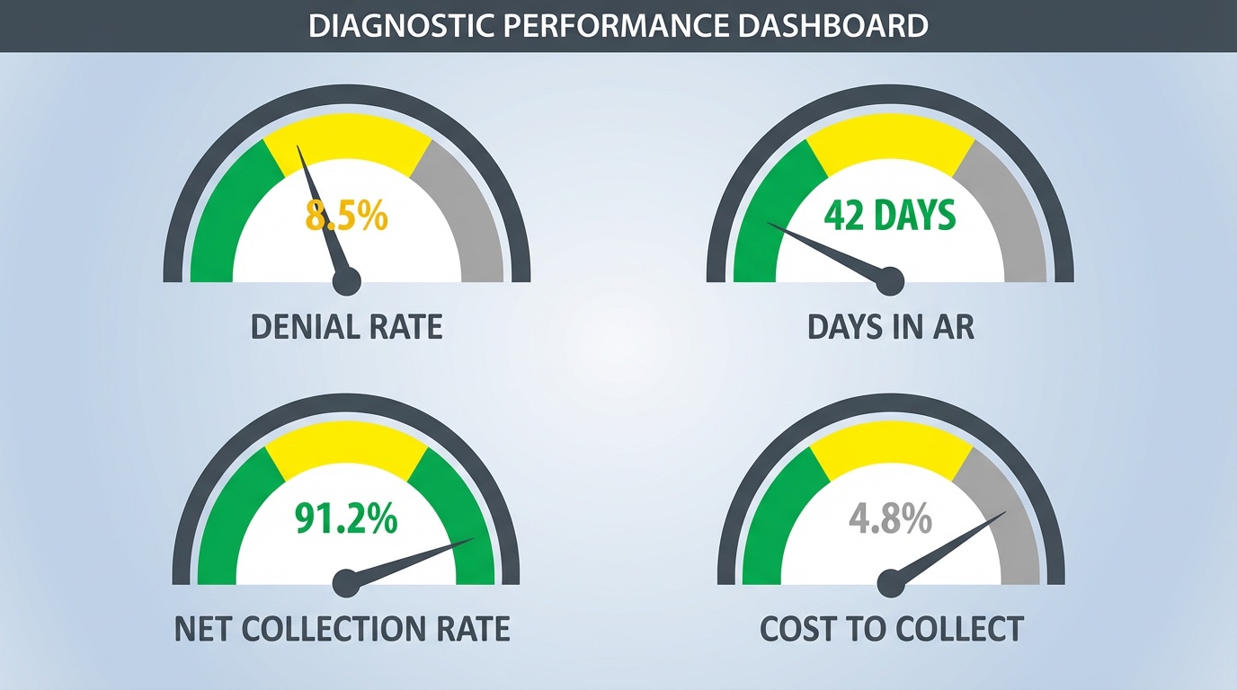 billing performance evaluation dashboard showing denial rate and collection metrics for medical practices