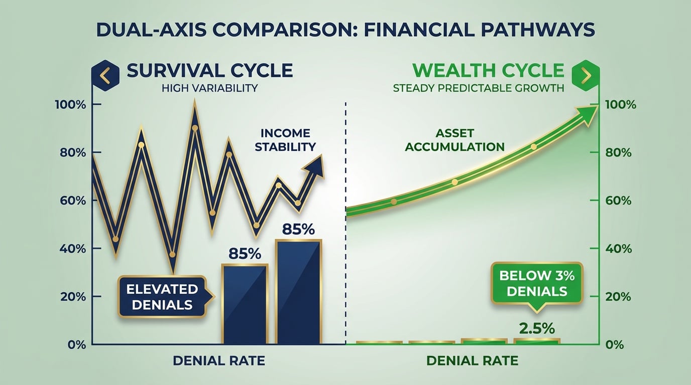 chiropractic billing comparison chart showing survival mode variability versus wealth building predictable growth