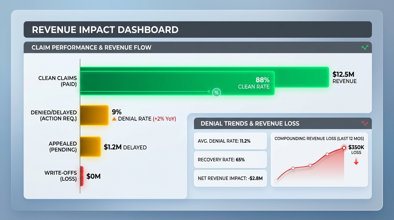 chiropractic billing errors revenue impact dashboard showing denial rates and clean claim metrics