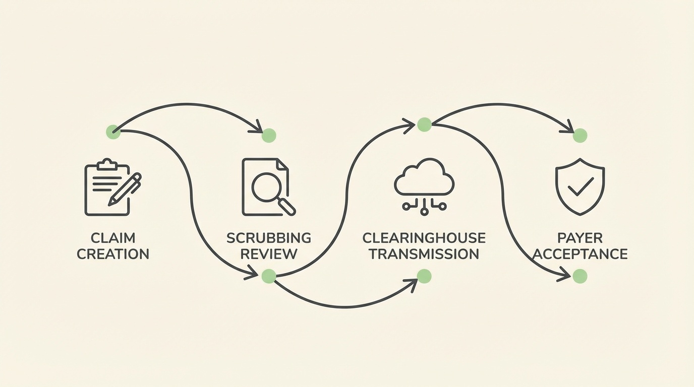 chiropractic claim submission pathway through clearinghouse scrubbing to payer acceptance