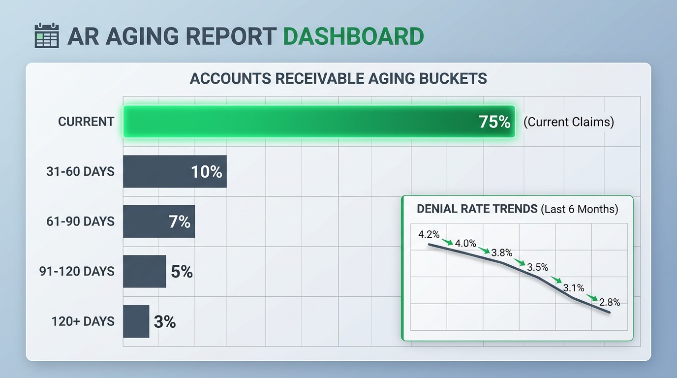 chiropractic denial rate dashboard showing claim aging and denial trend analysis