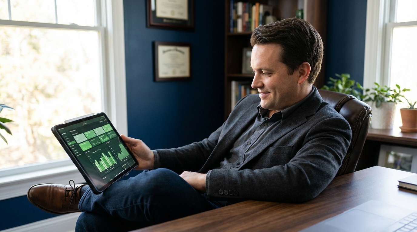 chiropractic practice owner confidently reviewing revenue cycle KPI dashboard on tablet