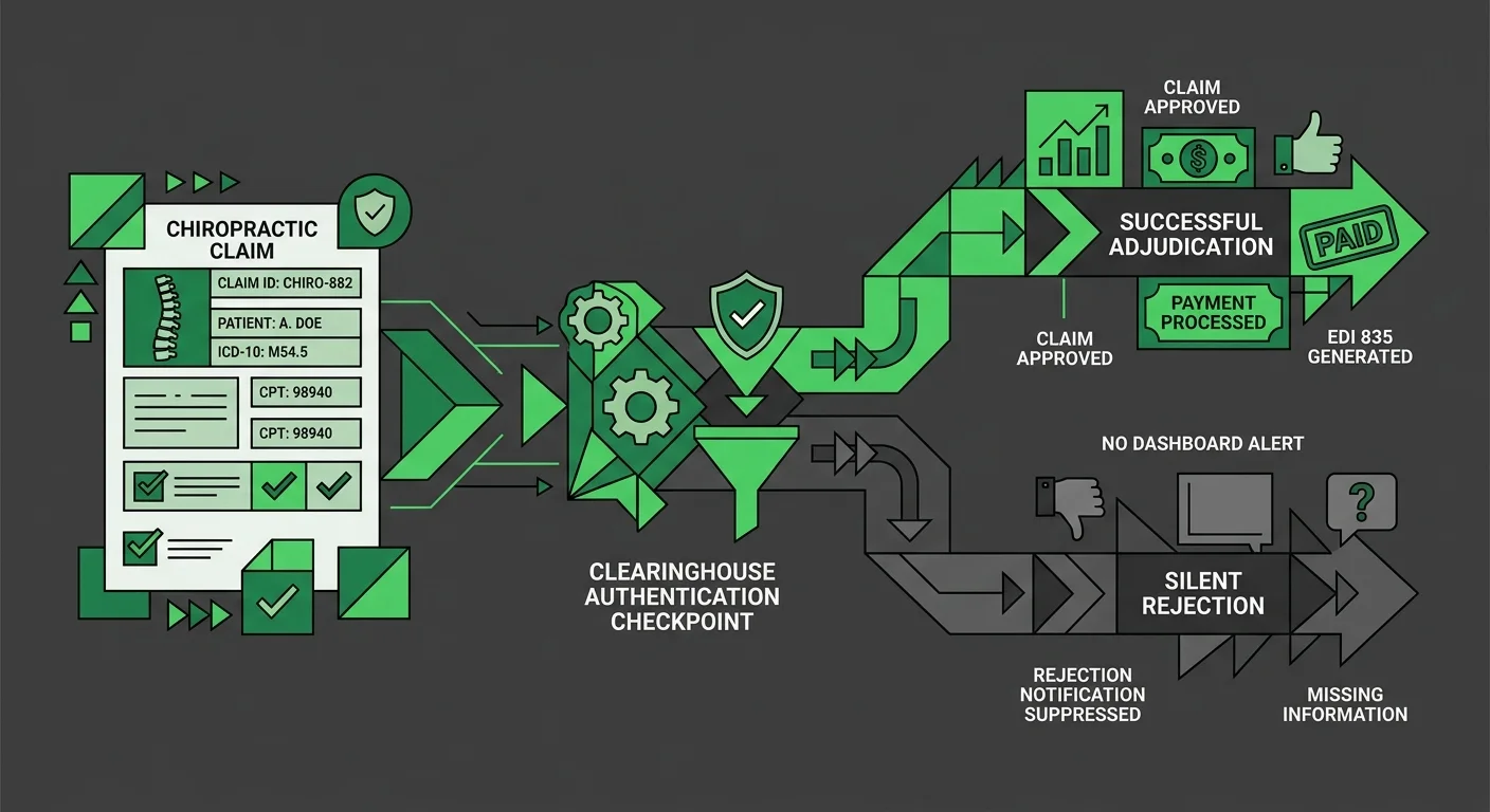 chiropractic EHR claim submission vs clearinghouse rejection comparison showing silent billing failure modes