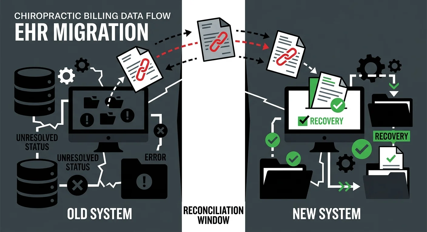 chiropractic EHR migration data transfer gap showing broken billing connections between old and new system