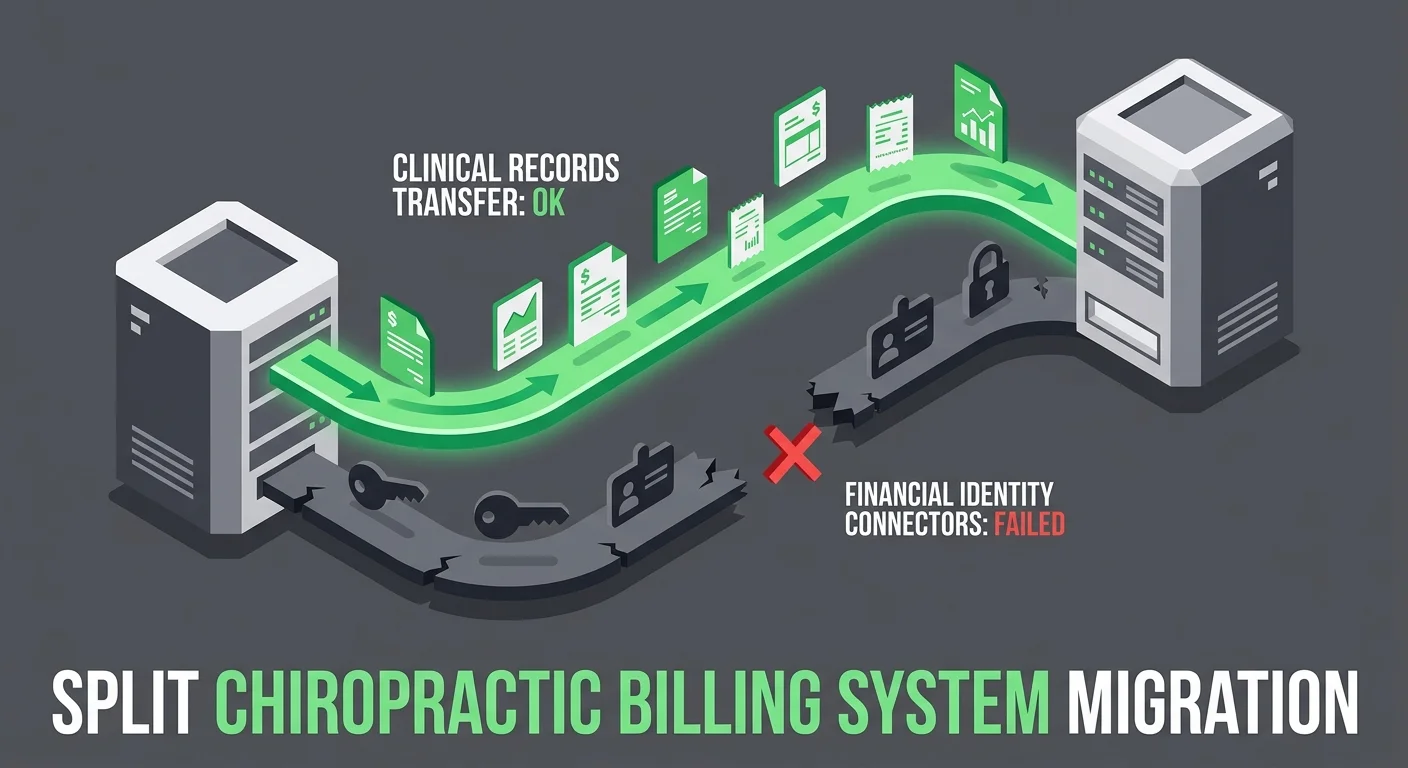 chiropractic EHR migration data transfer showing clinical records transferring successfully and financial billing identity failing to migrate