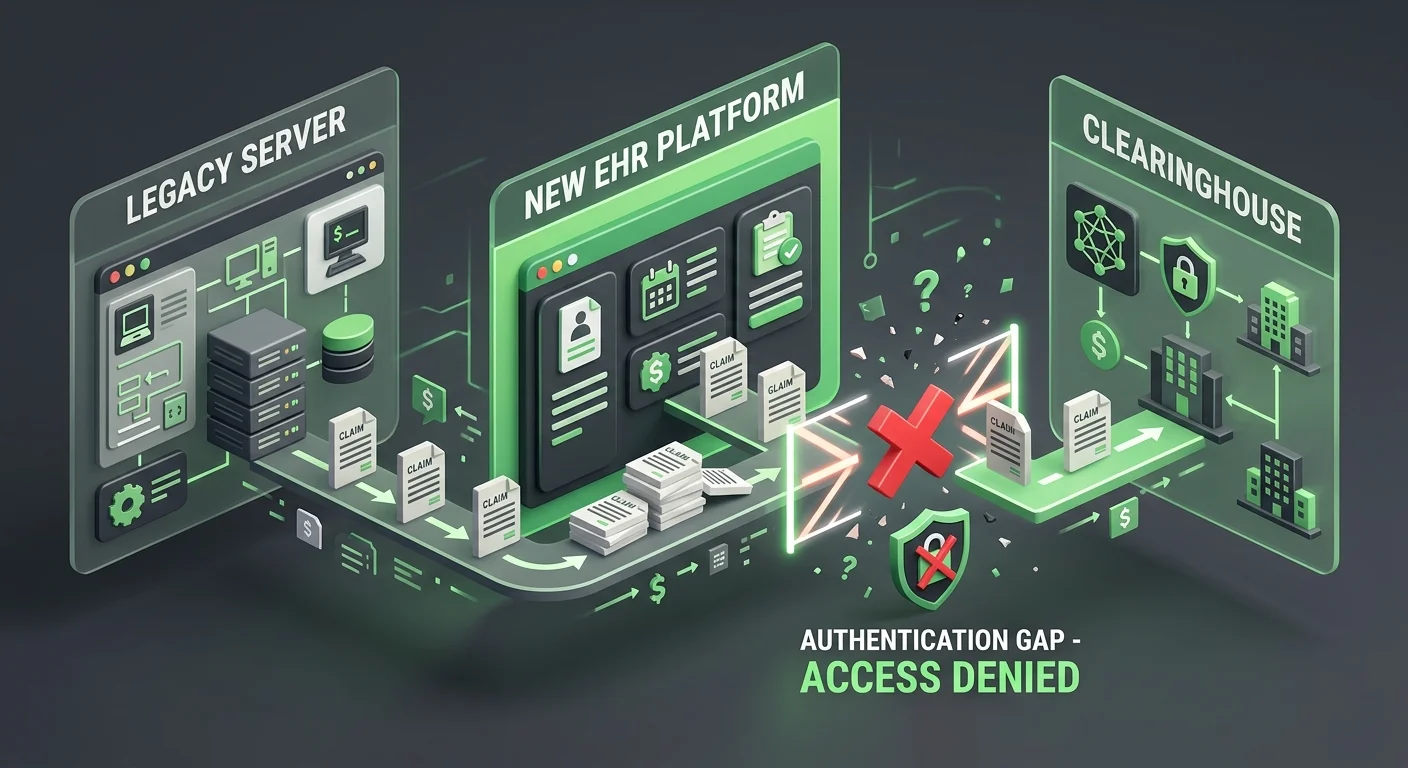 chiropractic ehr migration billing workflow showing authentication gap between legacy server new platform and clearinghouse