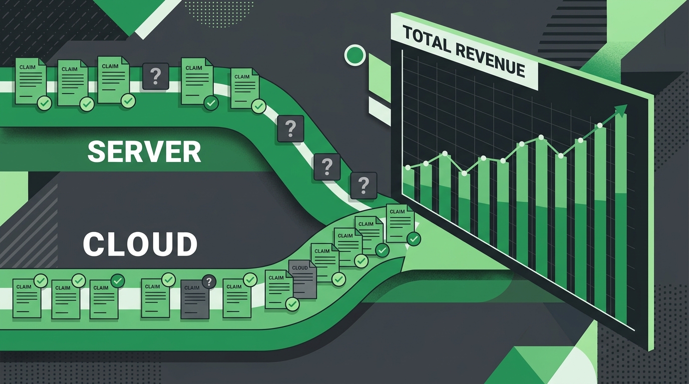 chirotouch server versus cloud comparison showing two billing pathways converging into revenue recovery