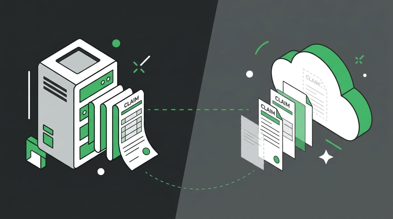 ehr data migration revenue reconciliation showing claims transferring from legacy system to new cloud platform with mapping gaps