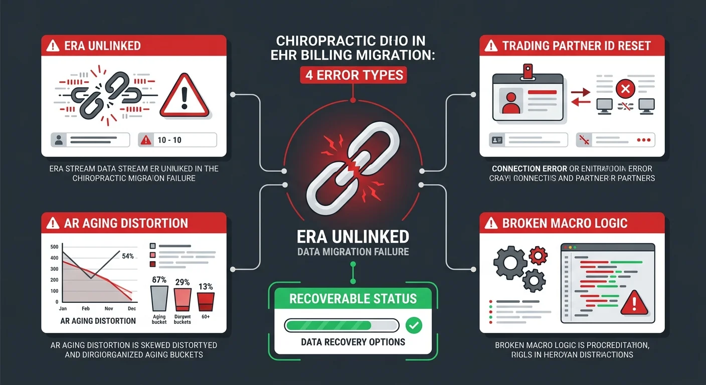 chiropractic EHR billing migration error types including unlinked ERA payments reset trading partner ID and distorted AR aging