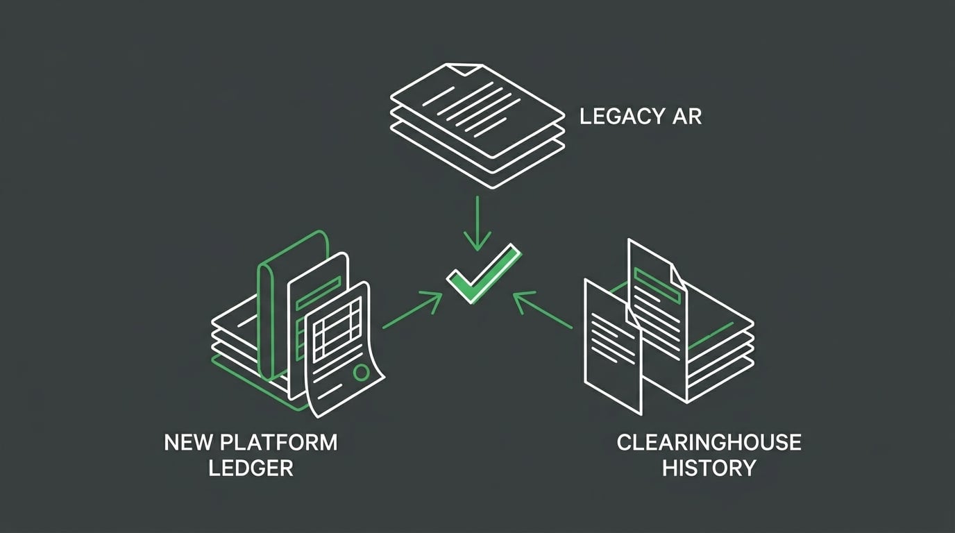 three way reconciliation diagram for ehr migration audit combining legacy ar new platform ledger and clearinghouse submission history
