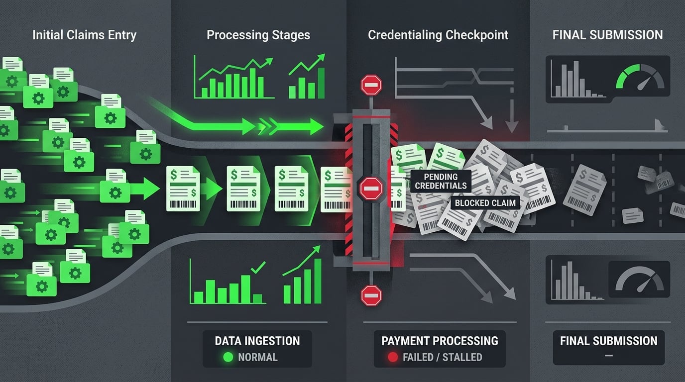 volume first billing model stalling at migration credentialing breakpoint with aging claims