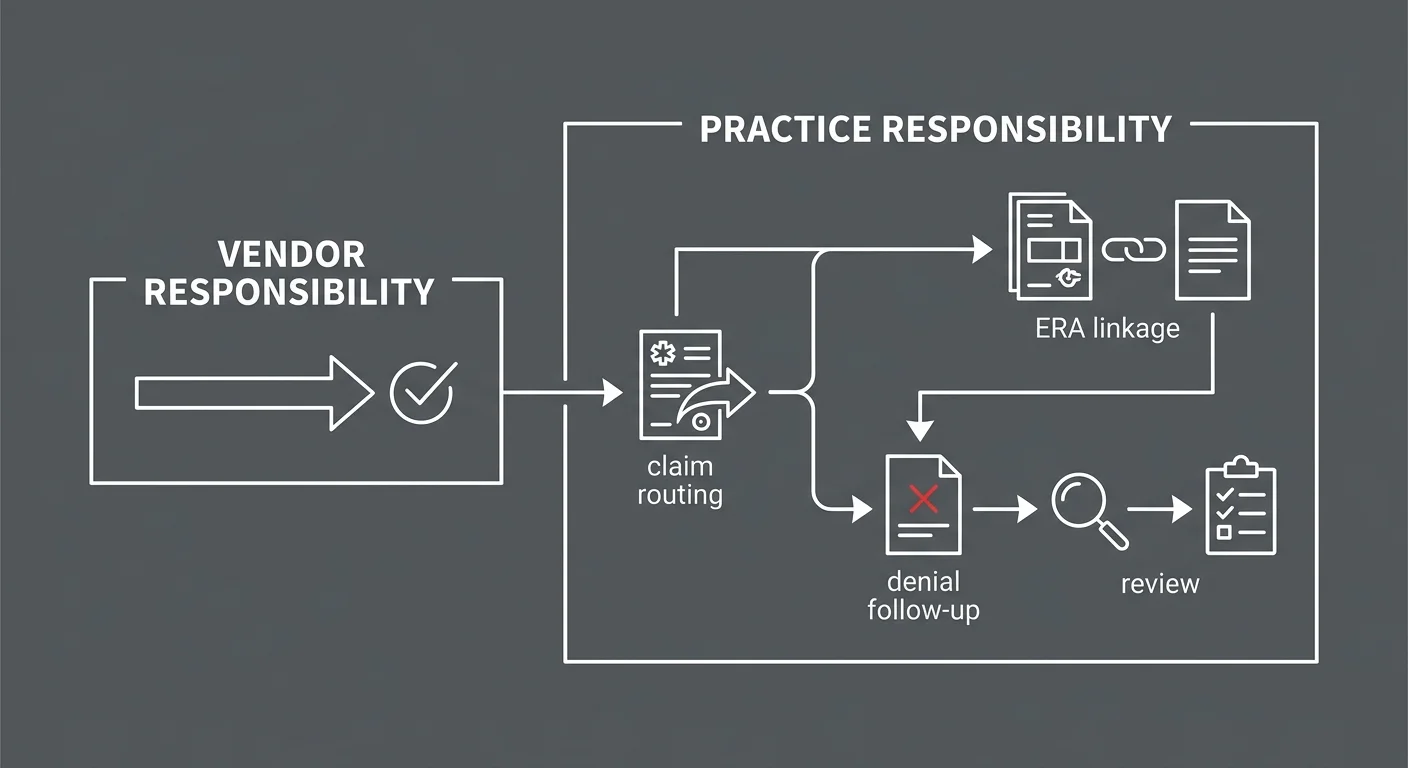 EHR vendor versus practice responsibility zones showing billing continuity gap during software migration