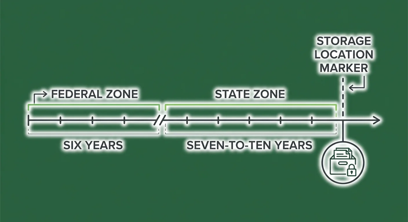 HIPAA retention timeline showing federal six year floor and state seven to ten year overlay