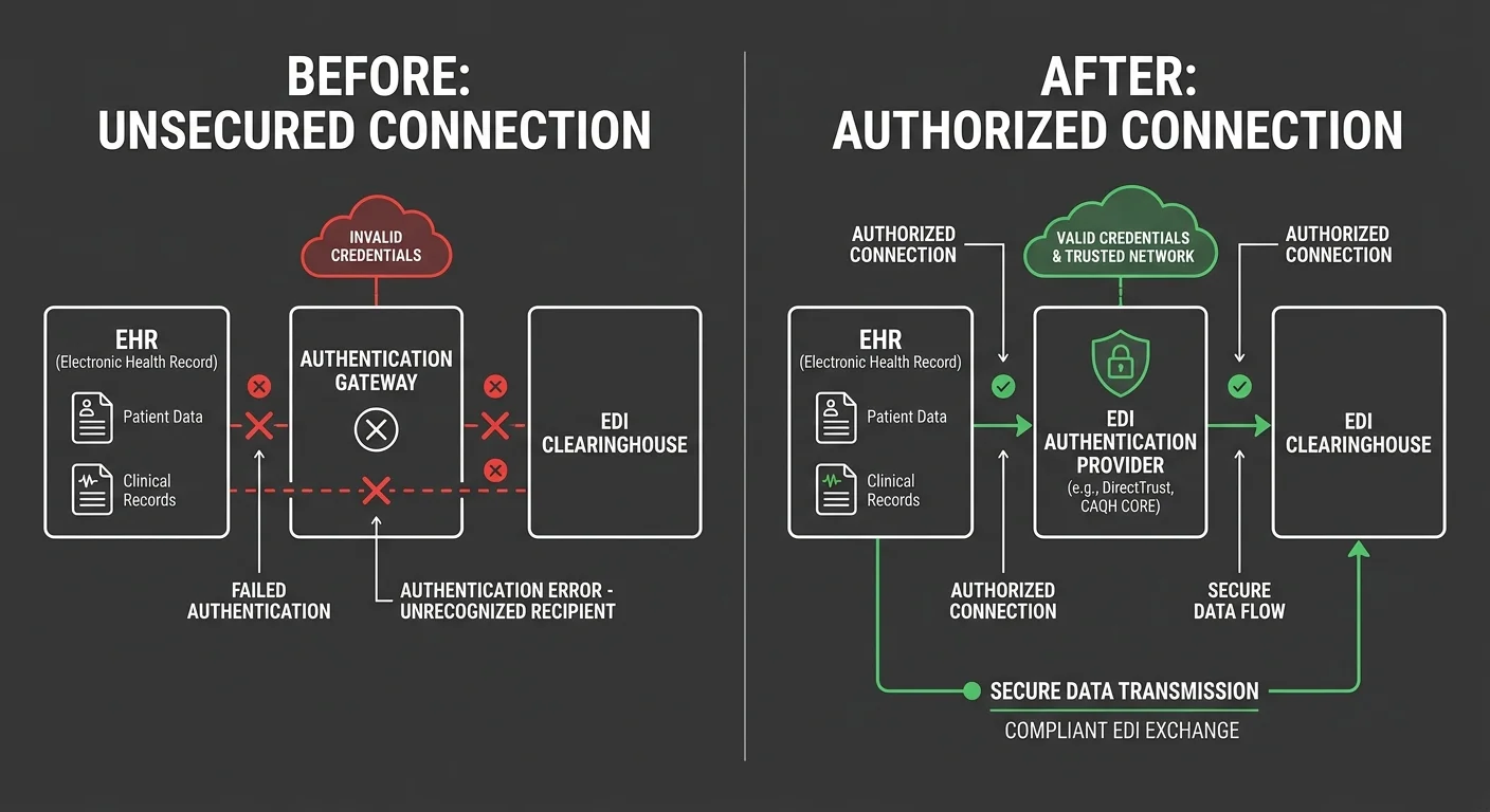 edi re-authentication pathway before and after ehr switch showing authorized clearinghouse connection for chiropractic billing