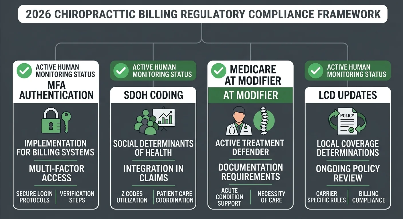 2026 chiropractic billing regulatory compliance framework showing human oversight of MFA authentication Medicare AT modifier and SDOH requirements