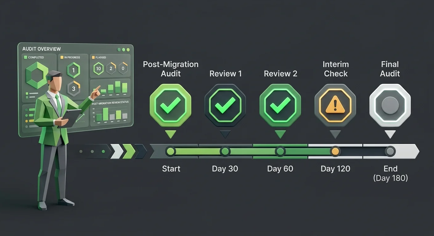 chiropractic post migration billing audit timeline showing 30 day checkpoint framework for revenue protection