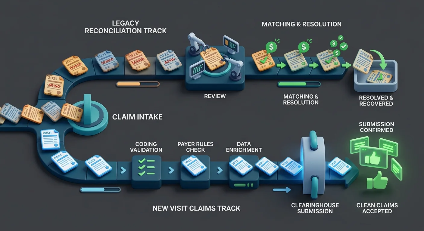 dual track chiropractic billing workflow separating legacy reconciliation from new visit claim submission after ehr platform switch