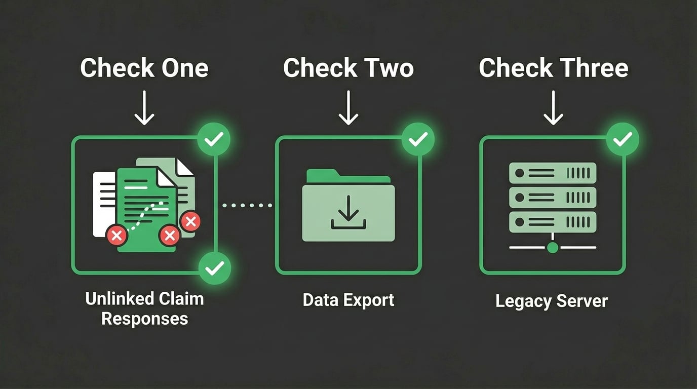 chirotouch migration recovery three check sequence showing unlinked claim responses data export and legacy server verification path