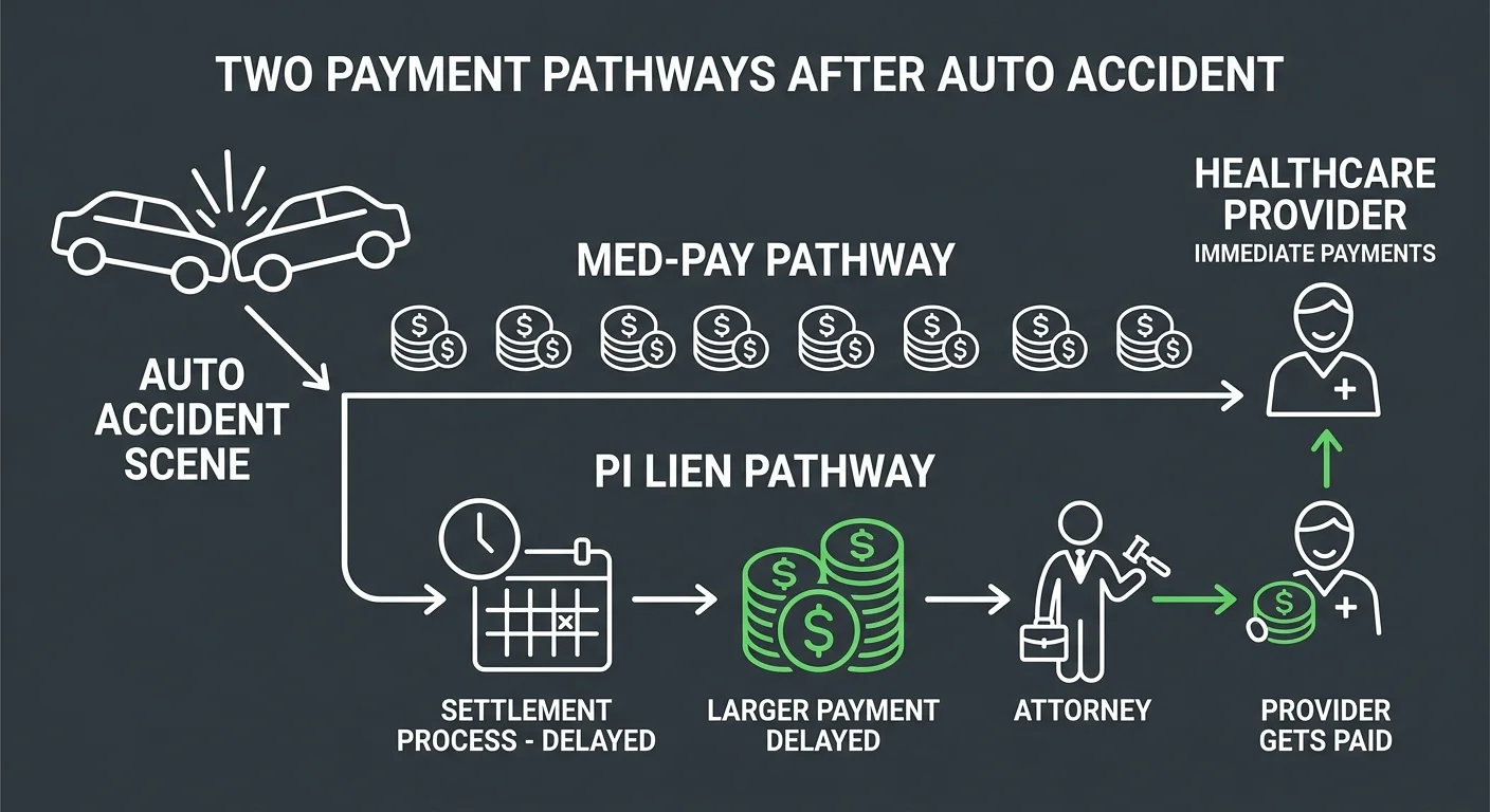 Med-Pay versus PI lien billing pathways showing immediate payment versus deferred payment through settlement