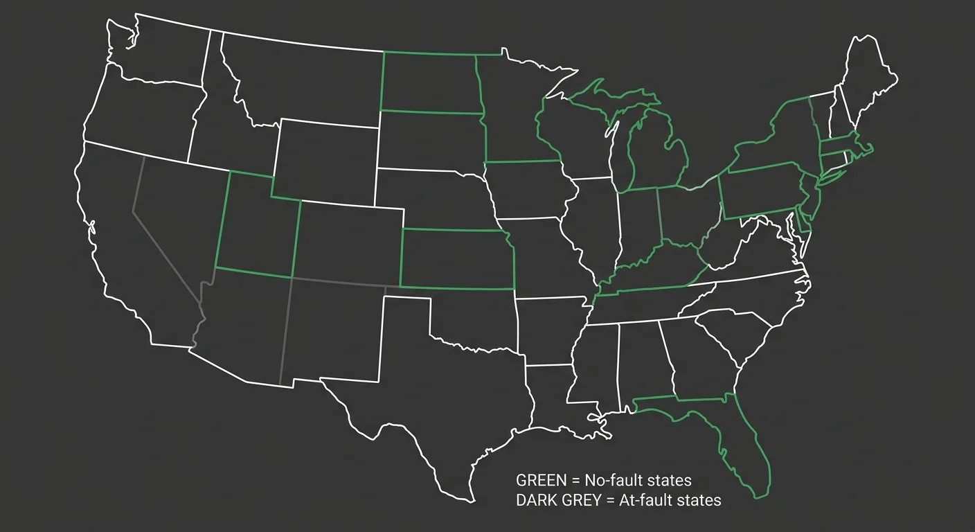 U.S. map showing no-fault versus at-fault state divisions impacting chiropractic personal injury billing and PIP coverage requirements