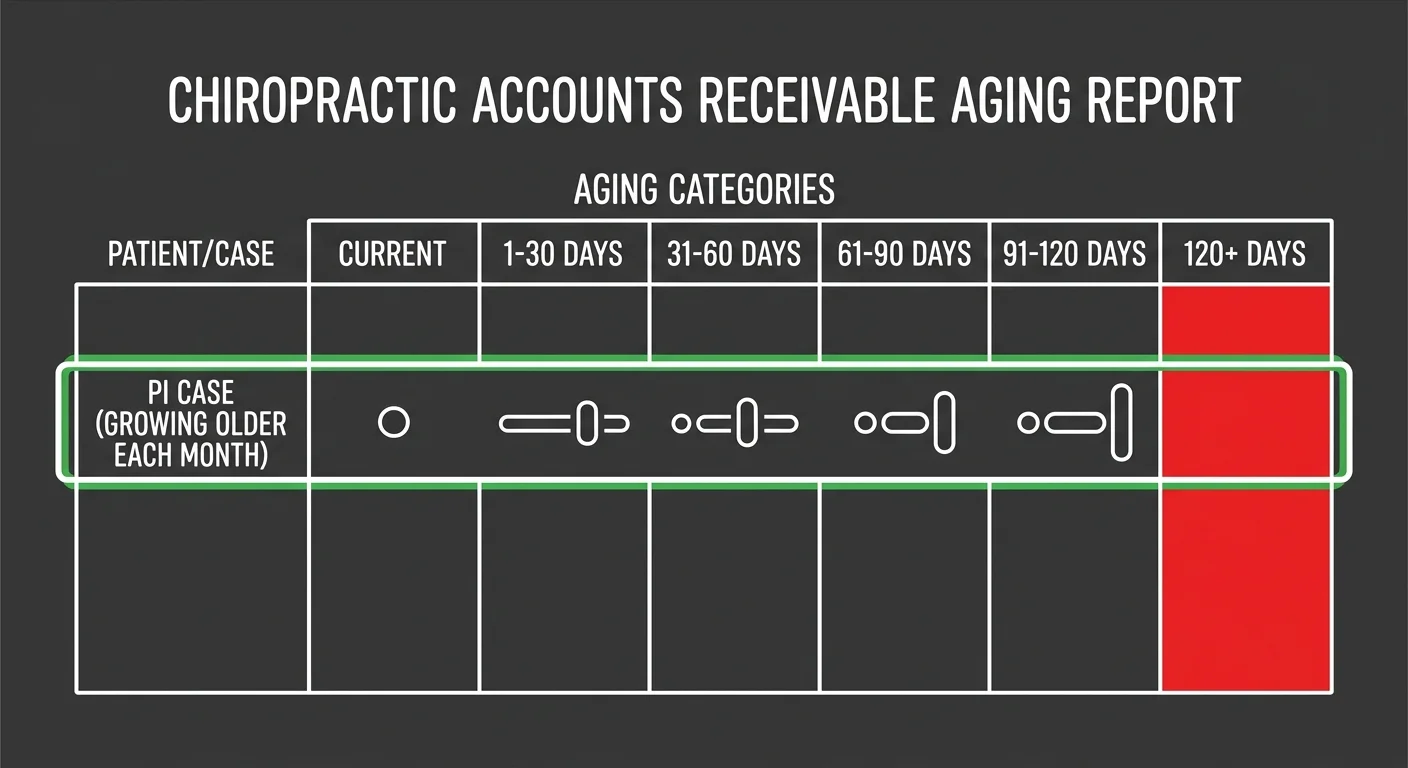 chiropractic clinic accounts receivable report showing personal injury case aging beyond 120 days with declining collection probability