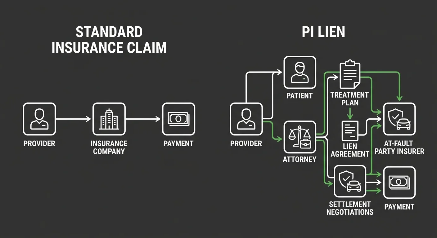 comparison of standard chiropractic insurance claim process versus personal injury lien billing workflow showing third party liability complexity