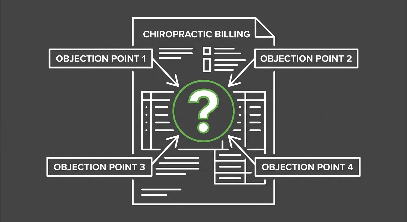 four common attorney objections to chiropractic personal injury lien settlements shown as billing document review points