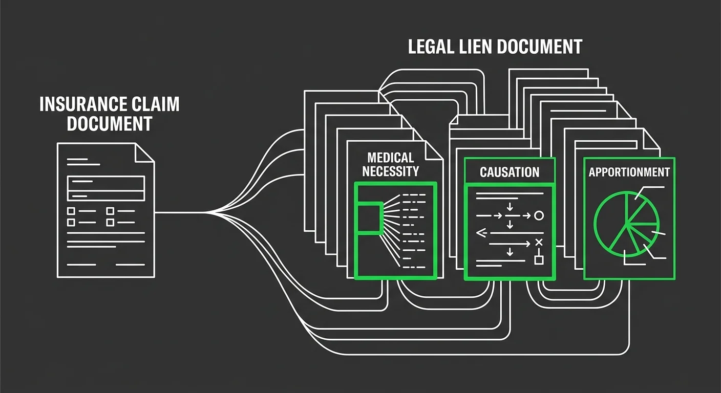 standard insurance billing versus complex personal injury lien documentation requirements comparison