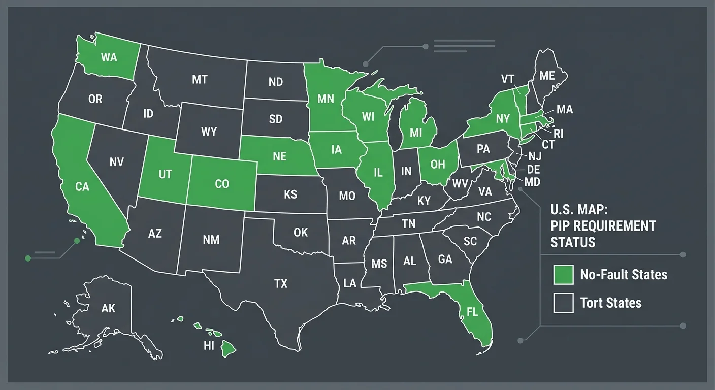 United States map showing state-specific PIP insurance requirements and no-fault versus tort liability systems for chiropractic lien billing