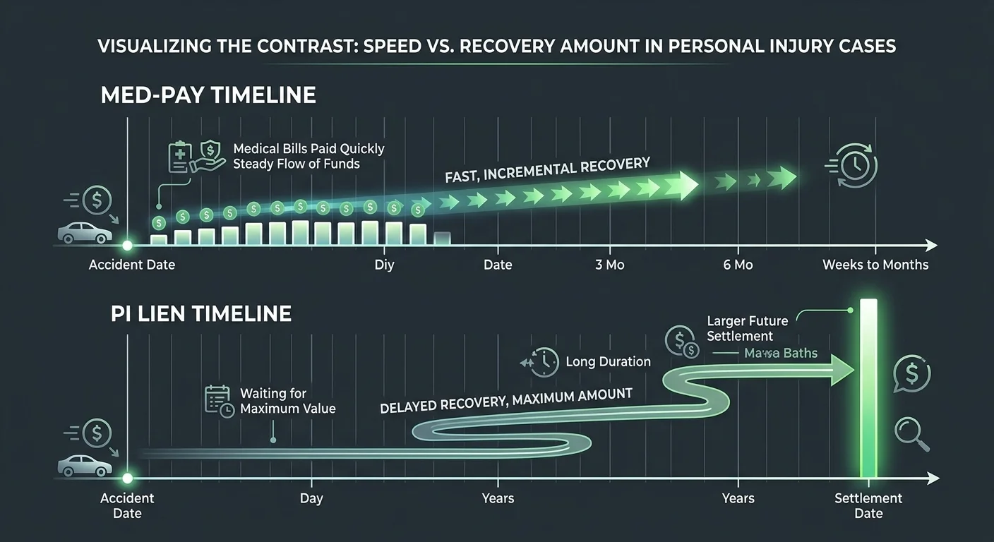 payment timing comparison between Med-Pay immediate low reimbursement and PI lien delayed full recovery