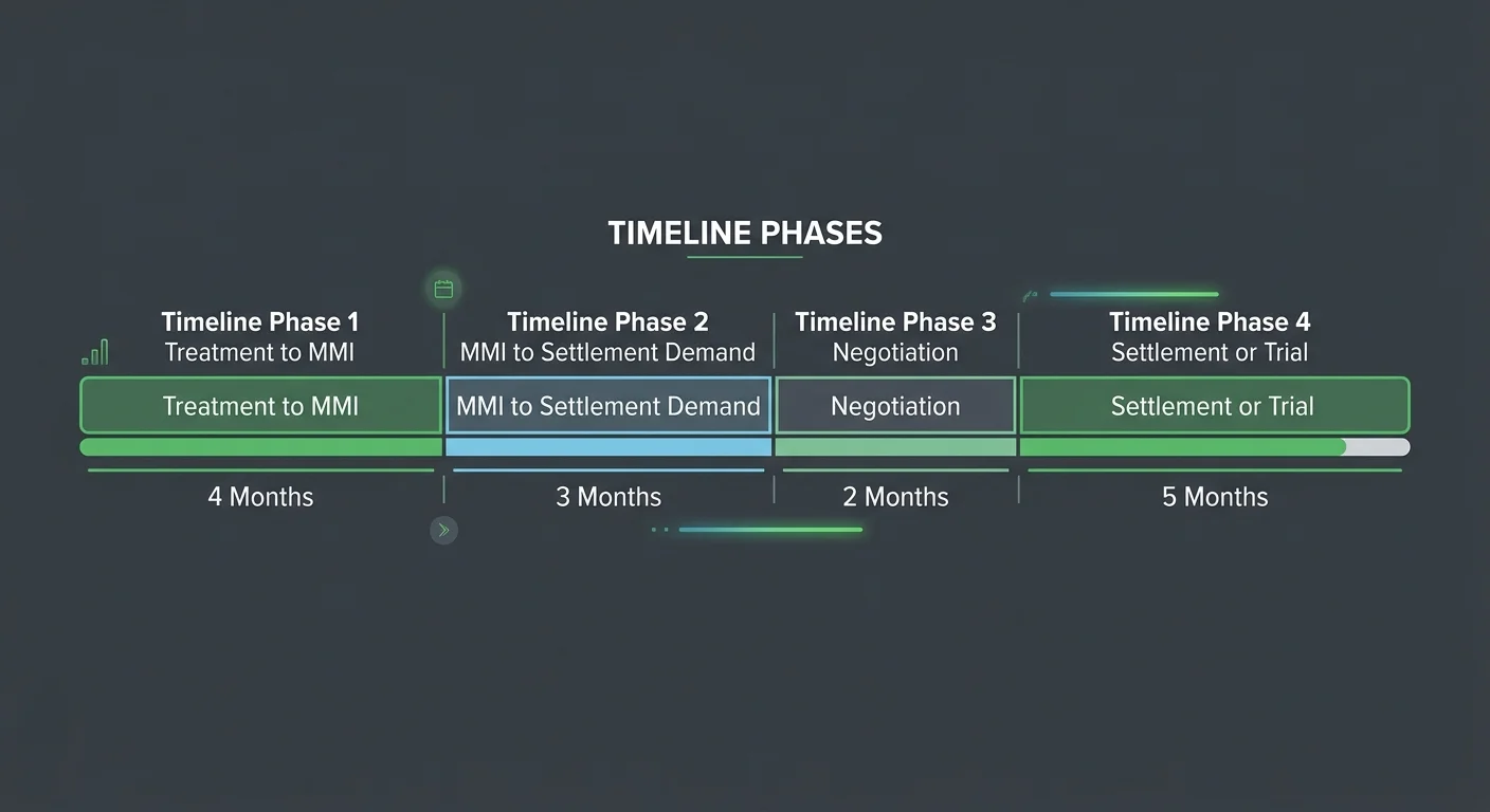 personal injury lien settlement timeline from treatment to maximum medical improvement through negotiation and trial showing duration of each phase