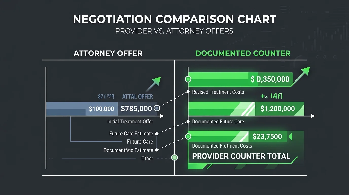 chiropractic lien negotiation response chart comparing initial attorney reduction offer with provider documented counter-position