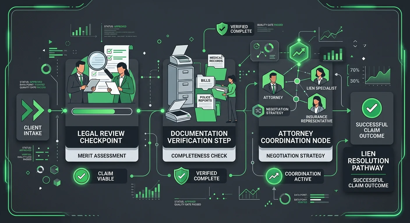 expert personal injury lien management workflow showing legal review and documentation verification quality gates