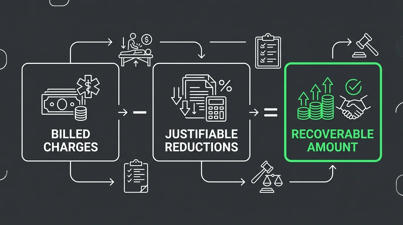 chiropractic lien recovery equation showing billed charges and justifiable reductions to calculate final recoverable settlement amount
