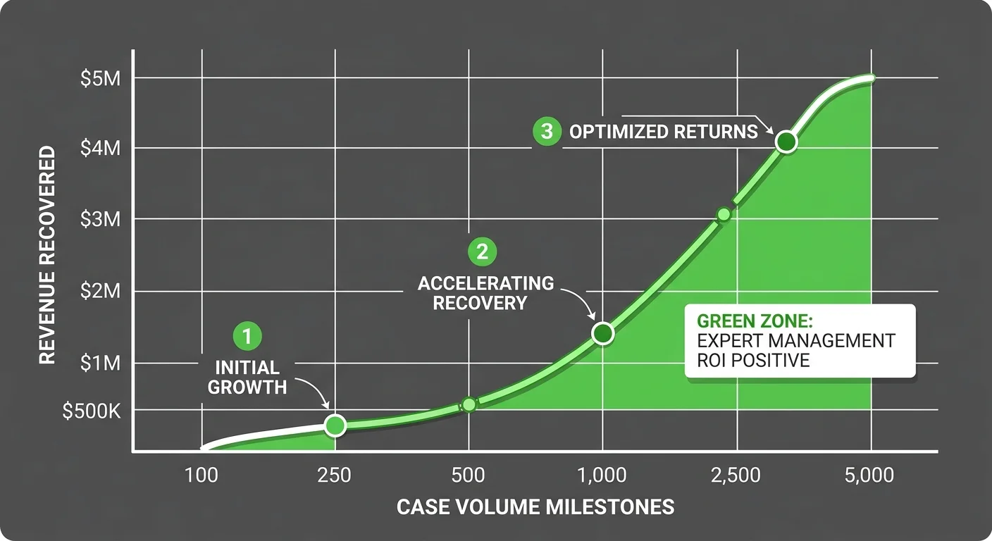 financial inflection points showing when expert lien management becomes cost-effective based on case volume and denial rate