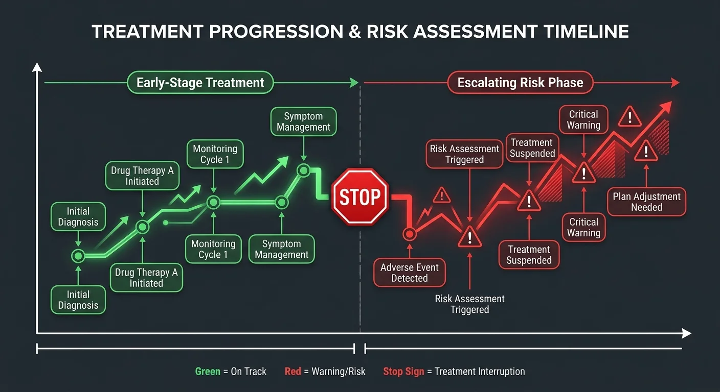 personal injury treatment timeline showing mid-treatment warning signs and stop point to protect clinic lien and cash flow