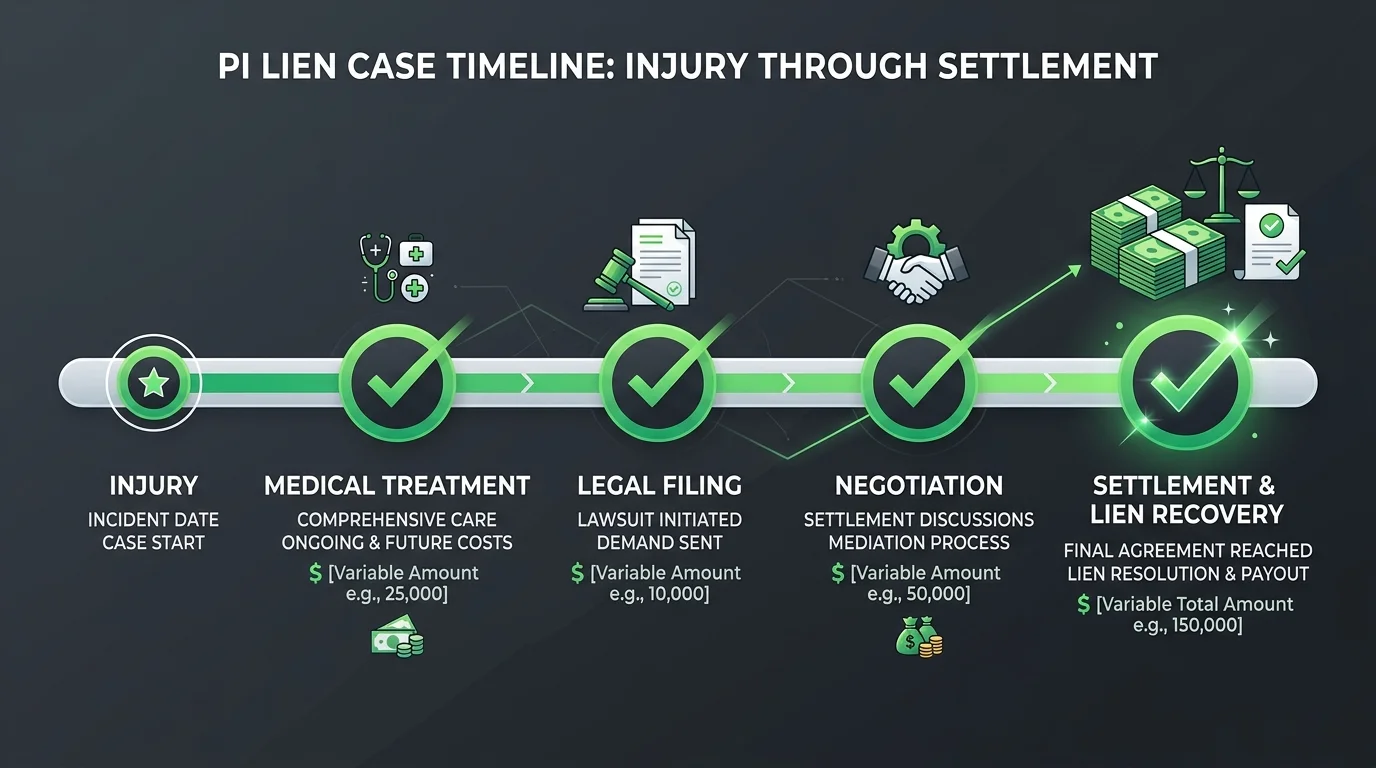 specialty personal injury lien billing timeline showing multi-year case management and revenue recovery milestones