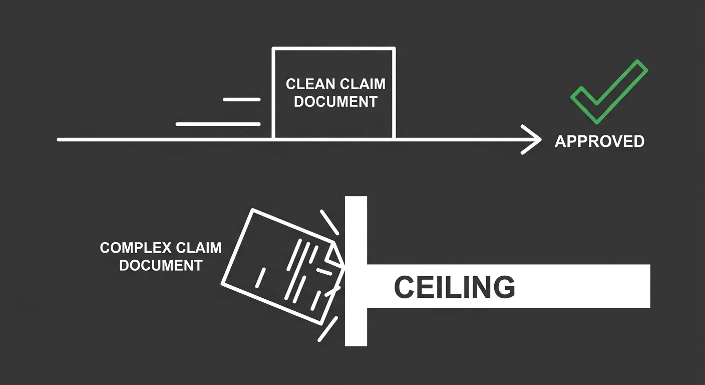 billing software submission ceiling showing clean claims approved and complex claims stopped