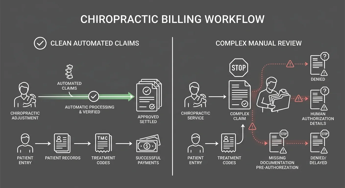 chiropractic billing automation workflow showing clean claims versus complex claim human review