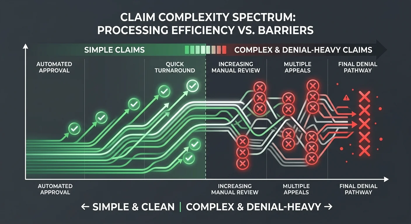 chiropractic claim complexity spectrum showing simple claims paid and complex claims abandoned