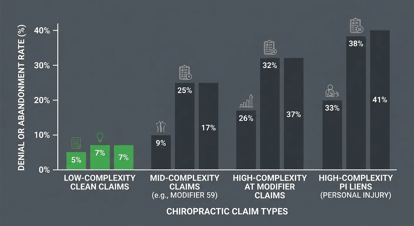 chiropractic claim denial rates by complexity showing abandoned high friction claims