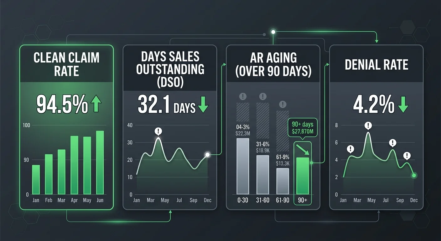 chiropractic enterprise revenue KPI dashboard clean claim rate DSO AR aging denial rate