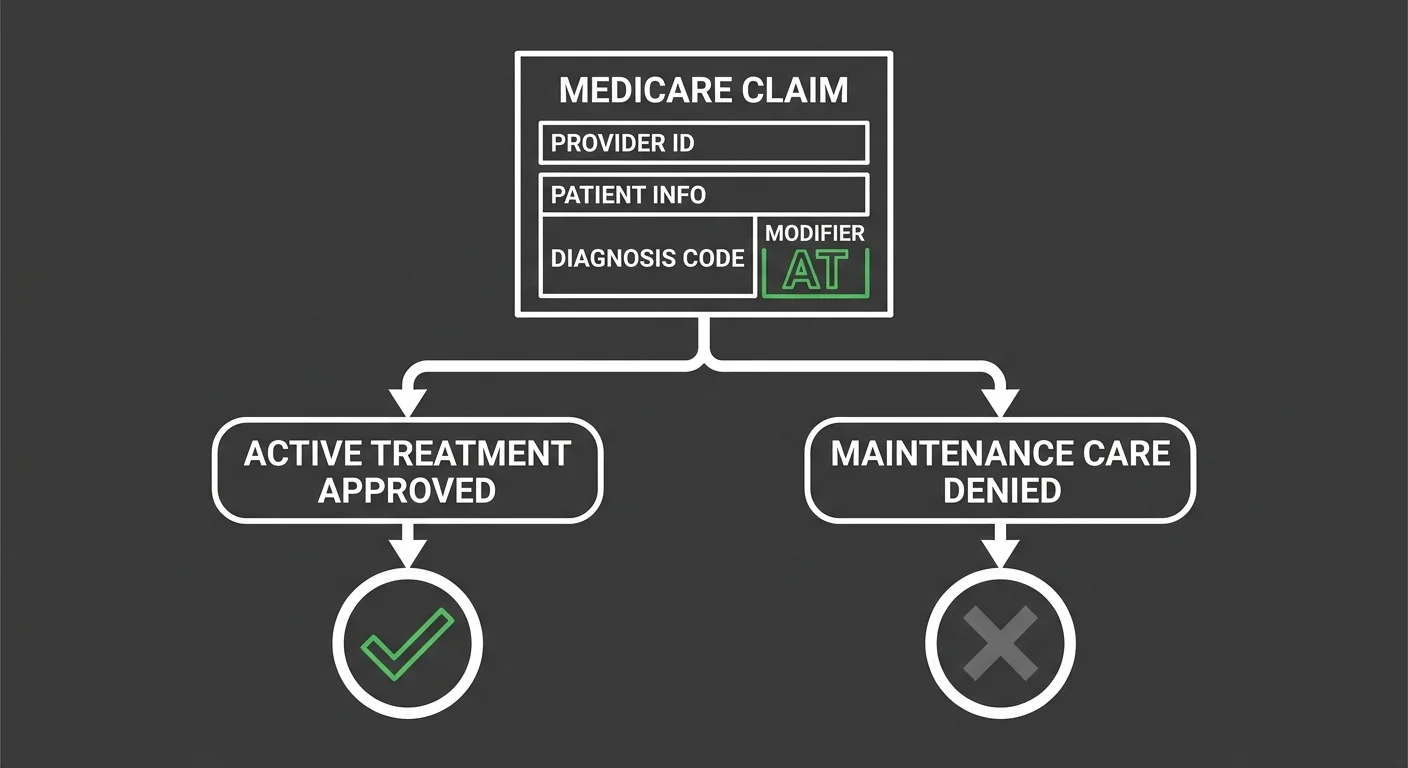 AT modifier Medicare chiropractic claim decision tree showing active treatment approval path