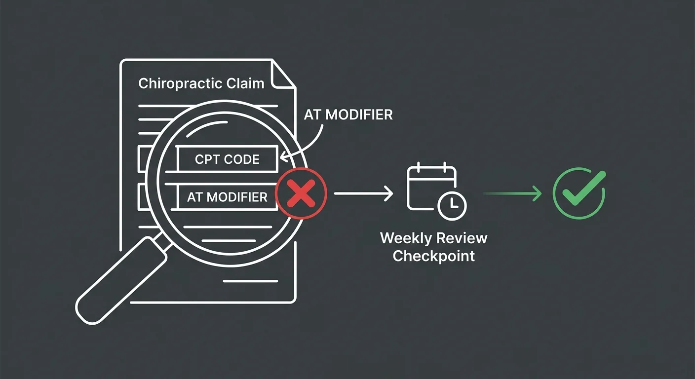 AT modifier chiropractic billing error caught in weekly claim review