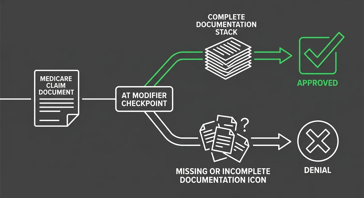 Medicare AT modifier chiropractic claim documentation pathway showing approval versus denial outcomes