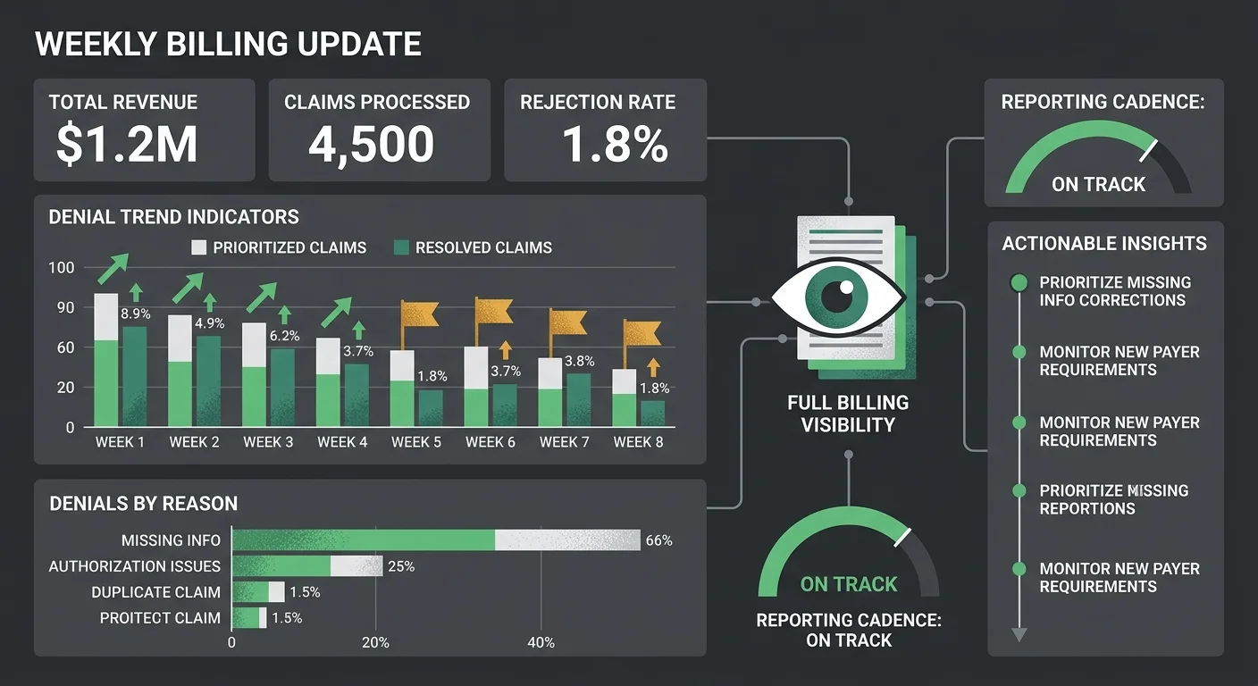 chiropractic billing weekly update dashboard showing denial trends and AR reporting