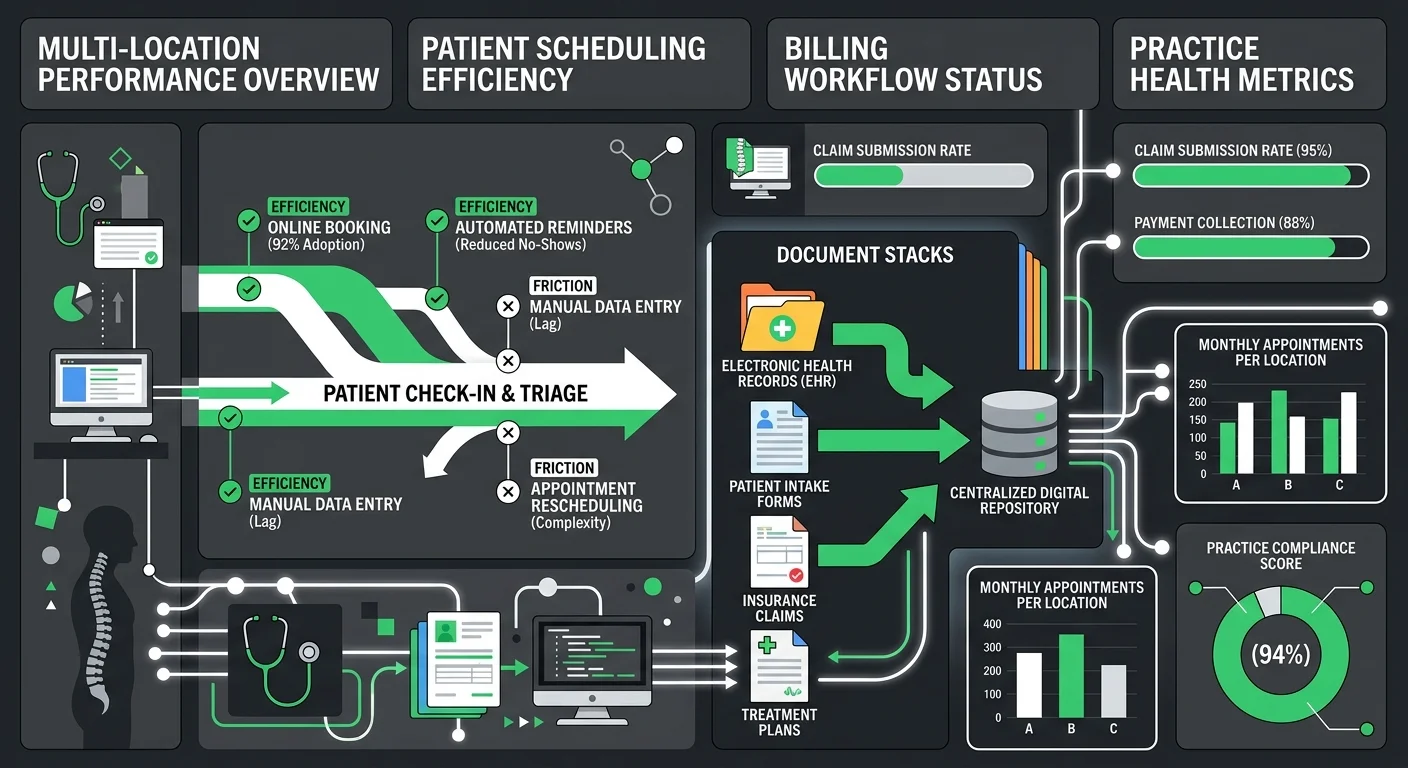 chiropractic multi-location administrative overhead KPI tracking operational efficiency