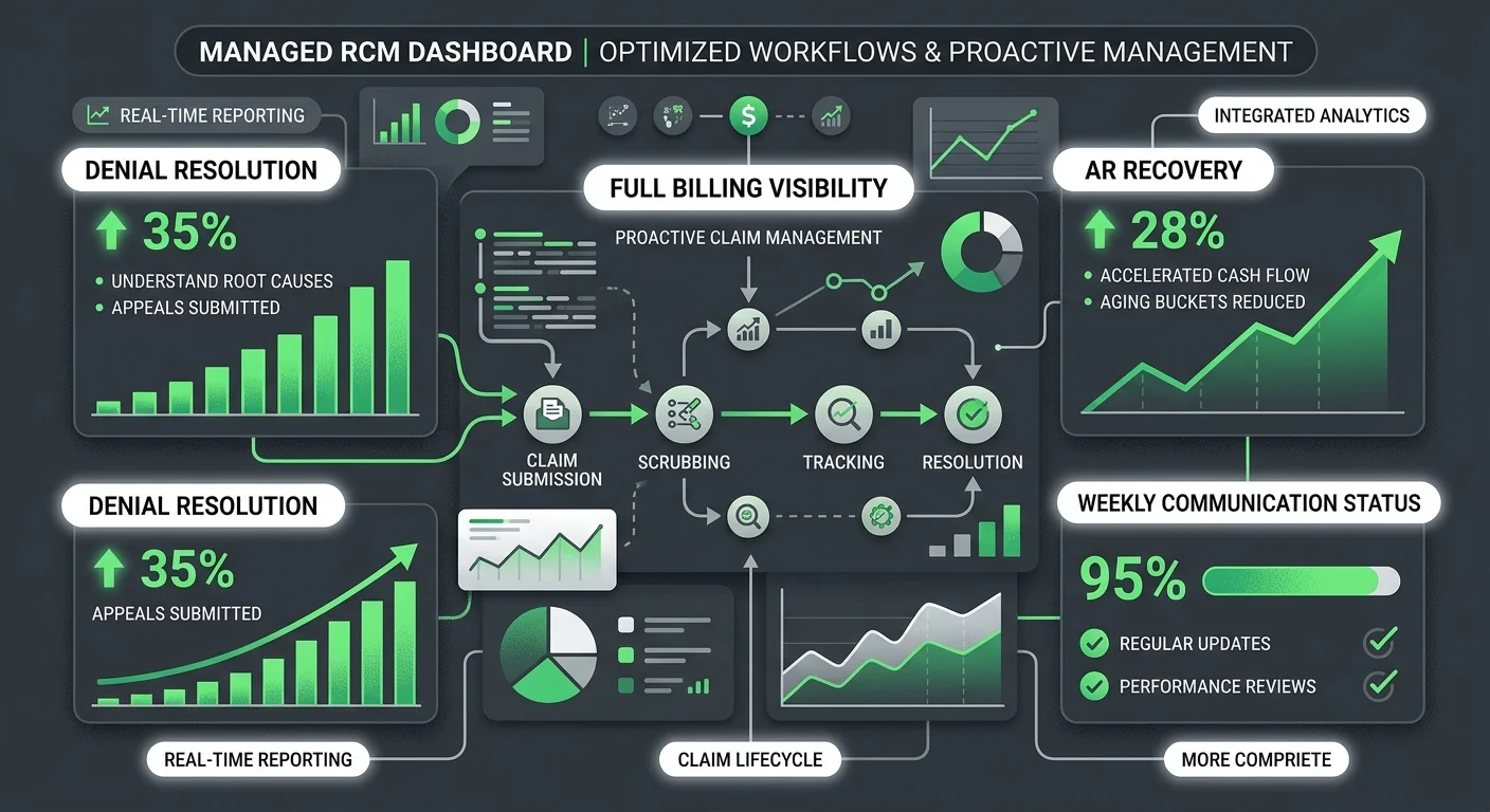 managed RCM partner workflow covering denial appeals AR recovery and billing communication