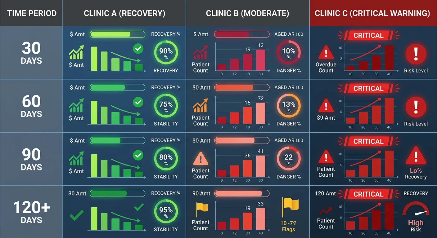 multi-site chiropractic clinic AR aging variance by location revenue transparency gap