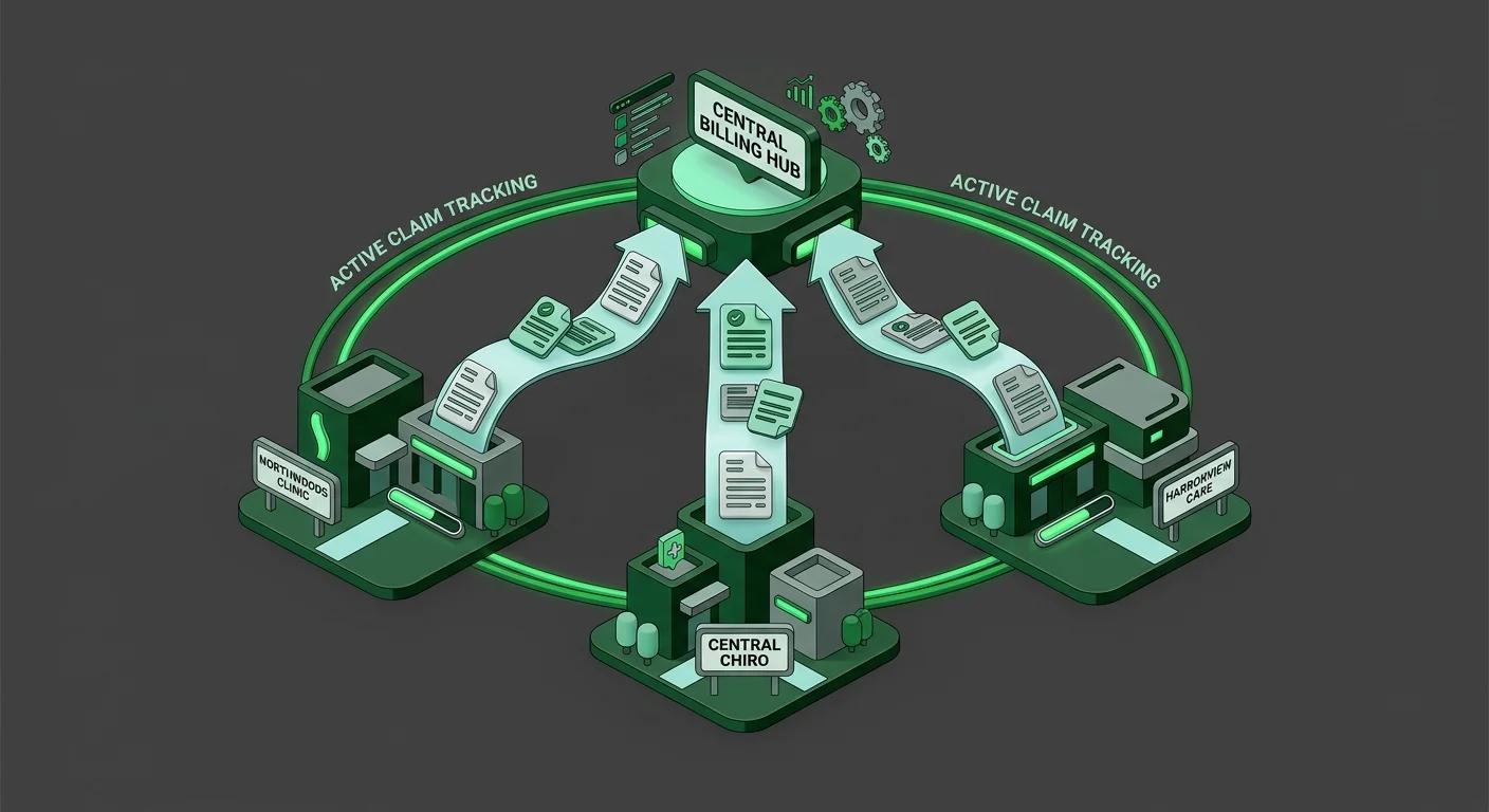 multi-site chiropractic clinic centralized billing workflow with location nodes and claim tracking